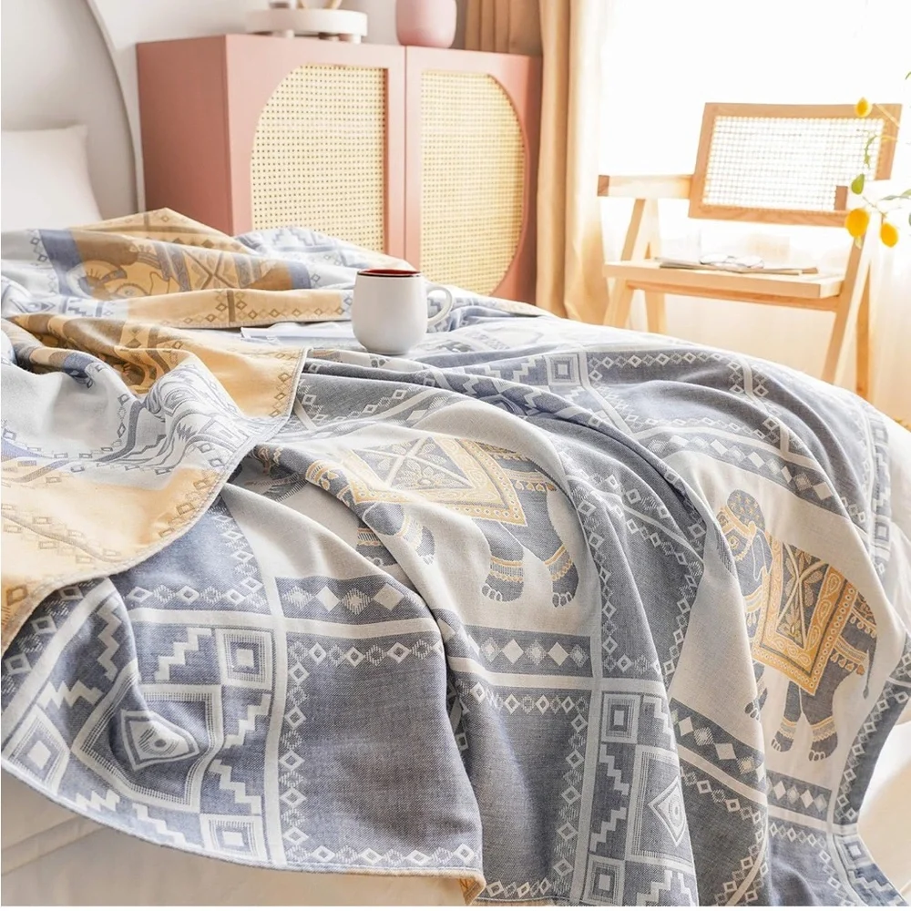 Soft Cotton Elephant Print Lightweight Throw Blanket Blue Yellow & Cream